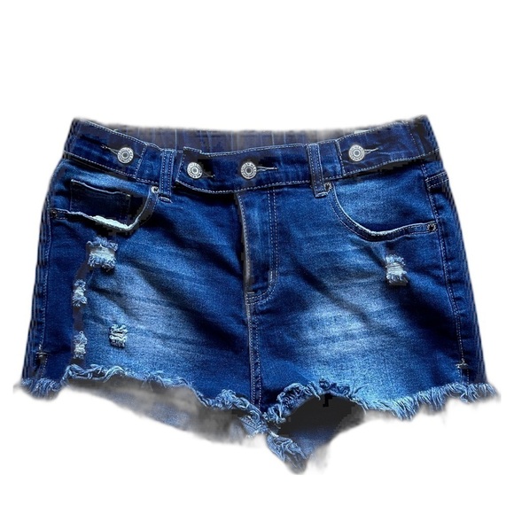 LookBookStore Distressed Dark Wash Jean Shorts Size Medium Frayed Raw Hem - Picture 2 of 6